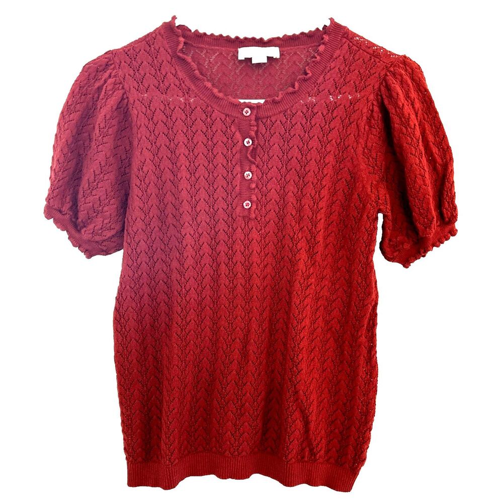 LOFT Outlet Open Pointelle Knit Shirt Women M Rust Red Short Puff Sleeve Henley